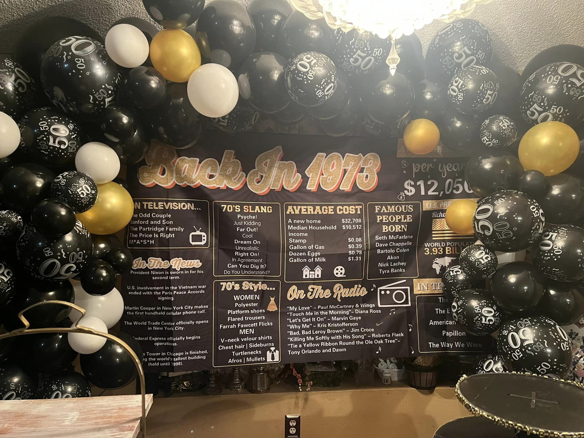 A custom banner and balloon arch themed around the 1970s for a 50th birthday party